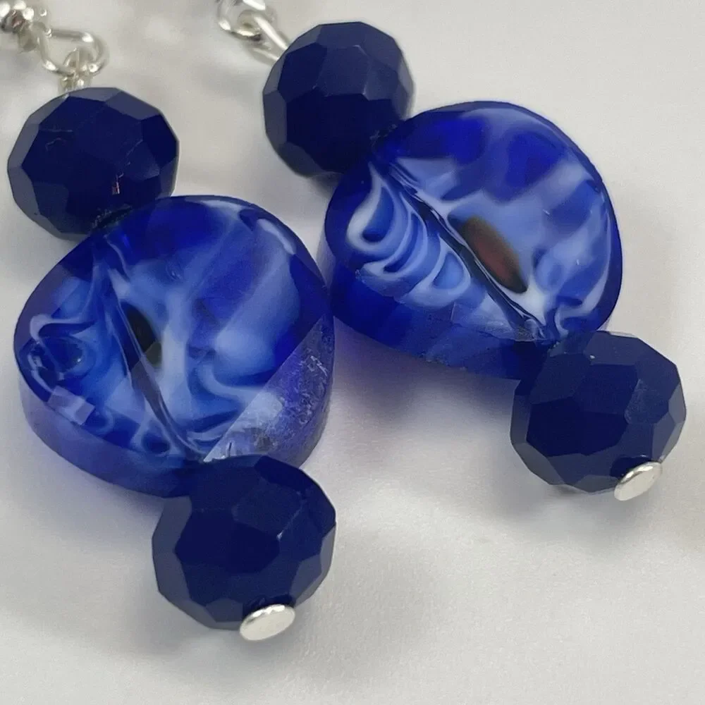 Artisan Hand Crafted Blue Glass Dangle Earrings Boho Silver Tone Beautiful